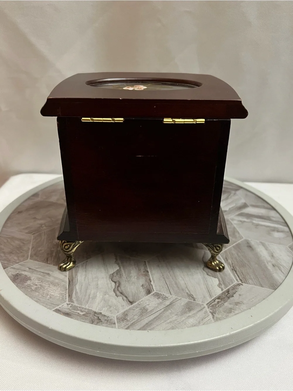 Vintage Style Wooden Jewelry Box 2 Drawer Floral Glass Top Brass Tone Feet